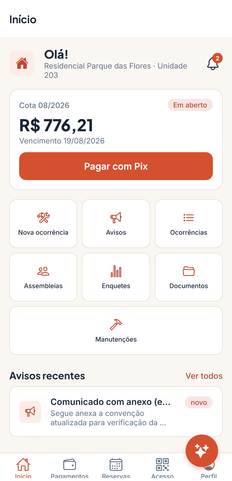 App do morador do Aptofy: cota do mês com botão Pagar com Pix, atalhos para ocorrências, avisos, assembleias e documentos, e os avisos recentes do condomínio